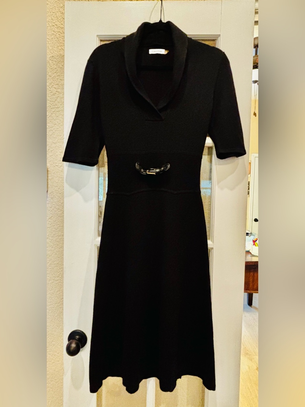 Calvin Klein Black Midi Sweater Dress with Decorative Waist Accent